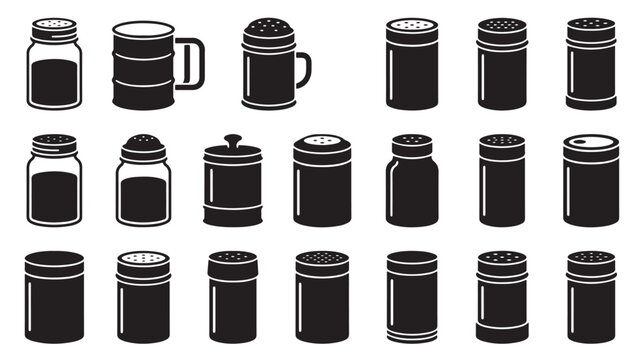 Minimalist salt and pepper shaker icons, black kitchen spice jar silhouettes, set of 20 condiment dispenser vector illustrations for restaurant menus