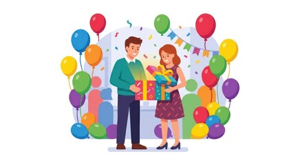 Fototapeta premium Happy couple opening glowing surprise gift box with festive balloons