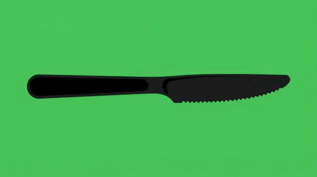 Black plastic serrated knife isolated on solid green background
