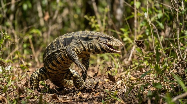 Large reptile lizard running across a forest floor with mouth open in an action pose