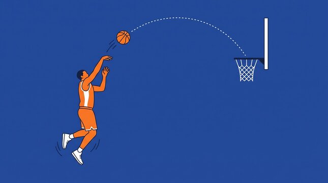Basketball player shooting jump shot, orange athlete silhouette throwing ball into hoop, sports action illustration on blue background