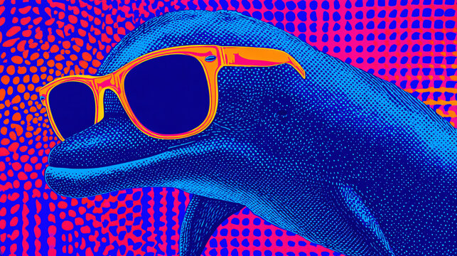 Vibrant Pop Art Style Illustration of Fish Wearing Sunglasses with Colorful Background
