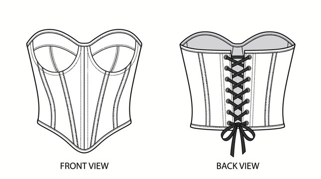 Technical Flat Sketch Vector of Strapless Underbust Corset Top with Front and Back Views and Lacing