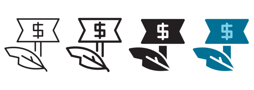 Environmental fine icon with dollar sign ticket banner and eco leaf emblem representing smart factory regulatory penalty, digital green non compliance tax charge, audit fine, and tech.