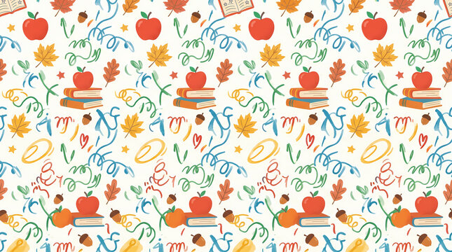 Vibrant seamless pattern celebrating education, featuring school supplies, autumn leaves, and symbols of learning