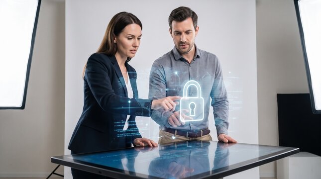 Especialistas em tecnologia protegendo rede global com interface de cadeado digital