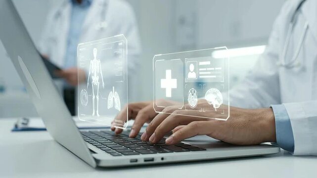 Doctor typing on laptop with futuristic medical holograms
