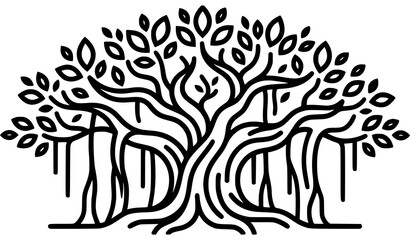 Obraz premium Majestic Banyan Tree Black Vector Botanical Nature Illustration