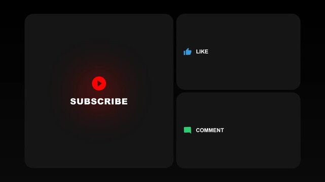 Bento grid animation with red play button Subscribe card Like and Comment CTA on dark background