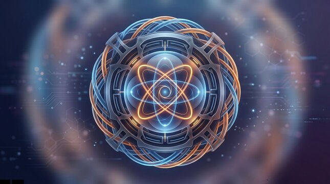 Sci-fi spherical device with glowing atomic core and orbits in mechanical frame, dark technology background.