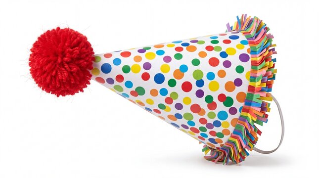 Colorful polka dot party hat with a red pom pom
