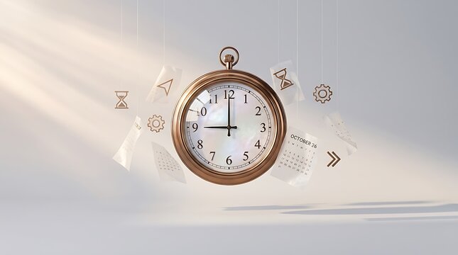 A gold pocket watch hanging and showing 9am surrounded by floating calendars and icons on a clean studio background