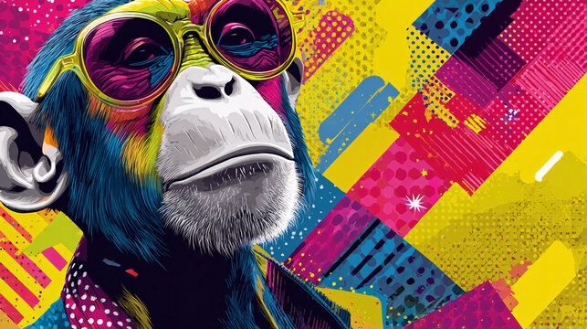 Vibrant Artistic Monkey Portrait with Collage Background and Colorful Sunglasses