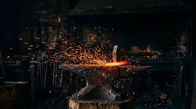 Glowing hot metal being hammered on an anvil in a dark blacksmith workshop