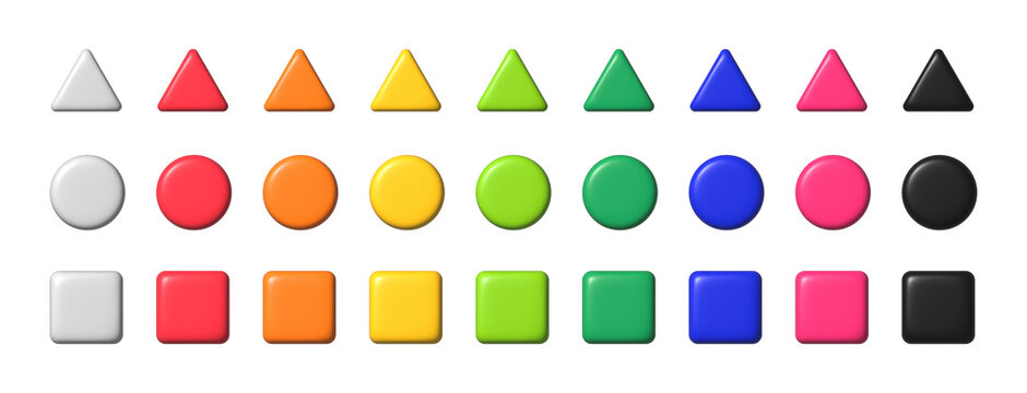 Collection of 3D glossy geometric shapes with transparent background, vibrant plastic style triangles circles and squares icons set for digital design, UI UX assets and creative projects