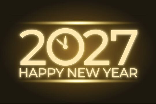 Glowing Golden 2027 Happy New Year Text with Midnight Clock Dial