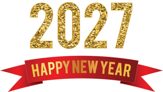 Gold Glitter 2027 Happy New Year Text with Red Banner Ribbon
