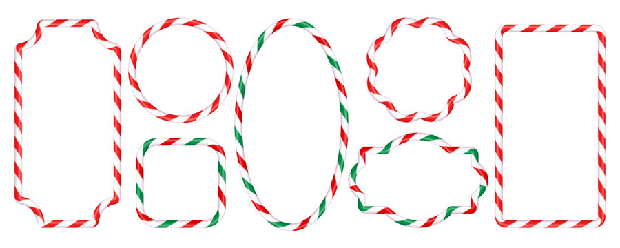 A background with Christmas candy cane button frames, rectangular and round red and white striped borders, creating a festive mood, vector templates of holiday UI buttons