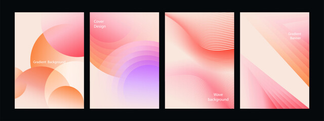 Plakat Set of abstract gradient poster designs with pink, orange and purple waves, geometric shapes and modern layouts.