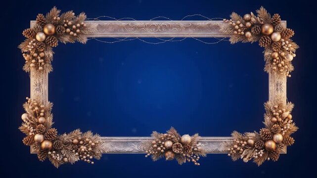 Elegant Christmas frame with golden decorations and pine cones on a deep blue background, perfect for festive greetings and holiday designs.