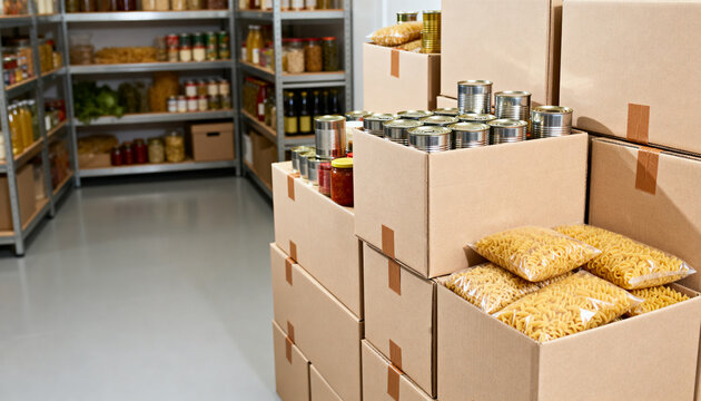 neatly stacked plain unlabeled cardboard donation boxes filled with canned goods and dried pasta, sealed with simple brown tape
