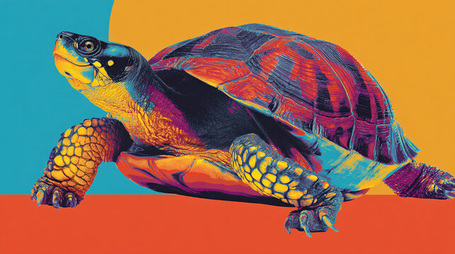 Vibrant Colorful Turtle Against Bold Multicolored Background for Artistic Decor