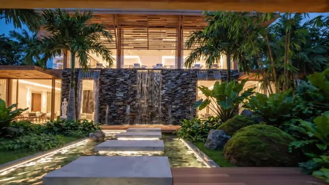 Illuminated stone path over water leading to glass villa.