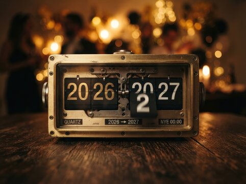 Vintage flip clock showing the transition from year 2026 to 2027 at new years eve