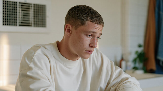 A tram operator sits in a modest home bathroom anxiously waiting for a medical test result, a ceiling vent humming overhead, the aftermath of vulnerability visible in his posture