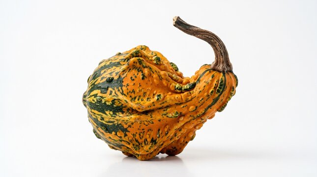 Warty Gourd with Orange and Green Stripes and Curved Stem PNG Isolated on transparent background