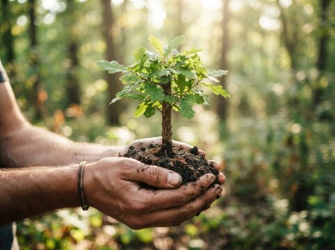 Closeup of hands holding a small oak tree sapling with soil in a sunny forest