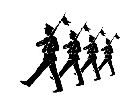 Military parade silhouette of soldiers marching in formation, army infantry troops with rifles and flags, patriotic ceremonial procession vector