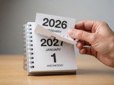 Hand turning the page of a desk calendar from january 2026 to january 1st 2027