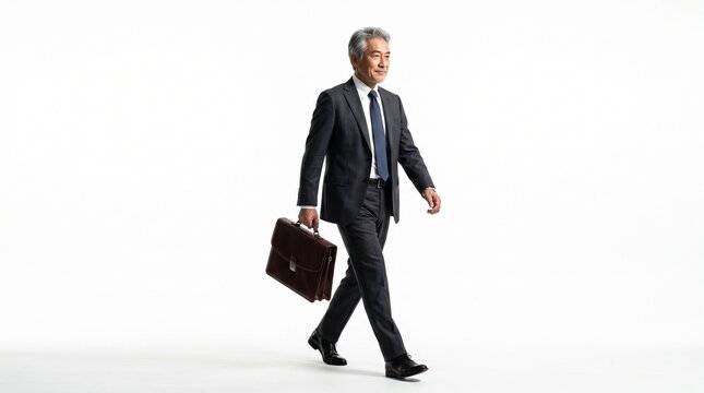 Mature Asian businessman in a dark suit walking confidently while carrying a leather briefcase PNG Isolated on transparent background
