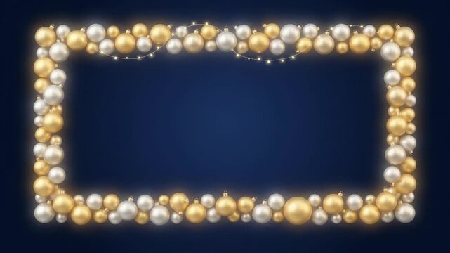 Elegant golden and silver pearl frame with glowing lights on a dark blue background, perfect for festive occasions and celebrations.
