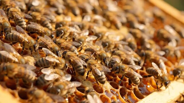 Honeybees Moving Across Honeycomb Frames, Showcasing a Busy Hive Environment and Natural Honey Production Process.