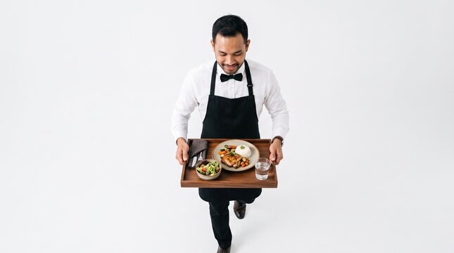 Smiling waiter carrying a wooden tray with a delicious meal and a glass of water PNG Isolated on transparent background