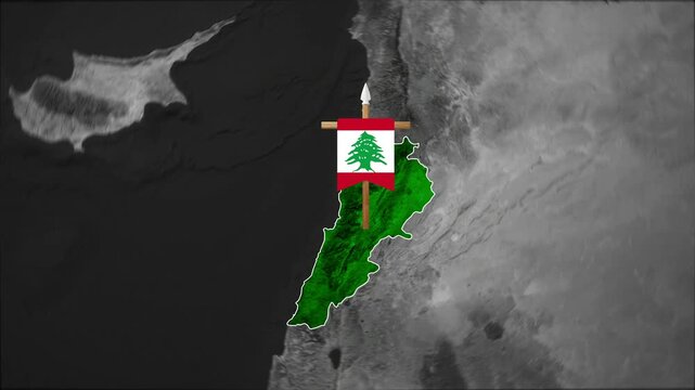 Animated 3D map zooming into Lebanon with a national flag