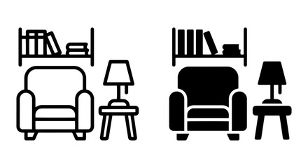 Obraz premium Cozy Living Room Icons, Armchair and Bookshelf Set, Minimalist Home Decor Vector