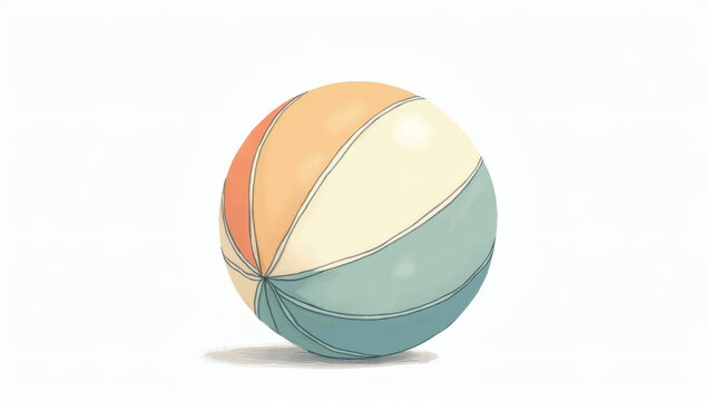 Pastel colored beach ball illustration with hand-drawn orange and teal stripes isolated on a white background for summer vacation and leisure concepts