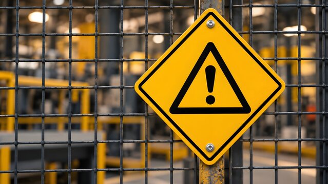 Yellow hazard warning sign with exclamation mark mounted on a heavy metal mesh fence inside a modern industrial manufacturing facility environment