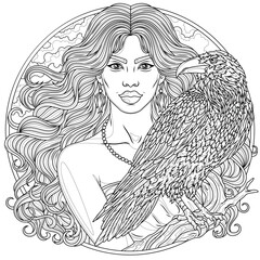 Fototapeta premium The woman and the raven in round frame.Coloring book antistress for children and adults. 