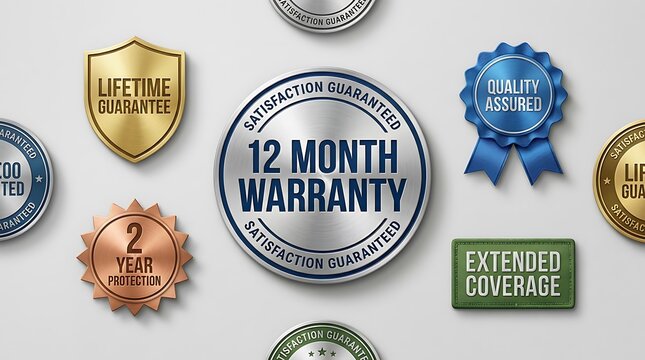 A 12 month warranty metallic badge surrounded by various quality guarantee emblems and customer service seals.