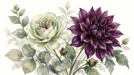 Obraz premium Watercolor botanical illustration of two large dahlia blooms surrounded by green leaves and buds.