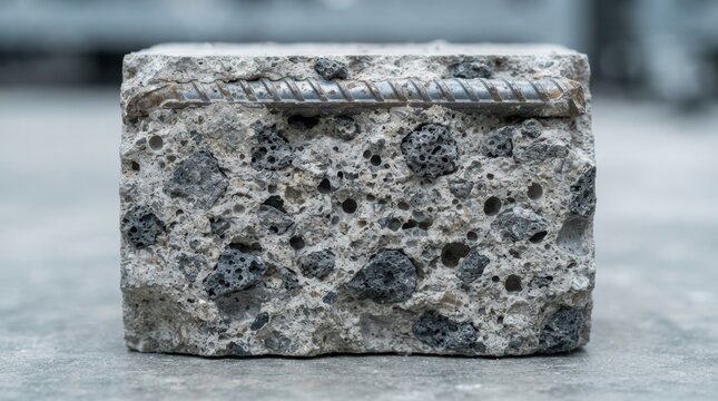 Cross-section of concrete embedded with steel slag aggregate, exposed rebar and cured gray paste on a cut sample block.