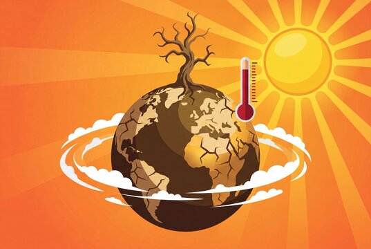 Illustration of Dry Cracked Earth Globe with Dead Tree and Hot Sun