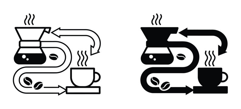Coffee brewing process icons, hot beverage preparation steps, espresso machine, pour over coffee maker, barista equipment, brewing workflow, vector illustration.