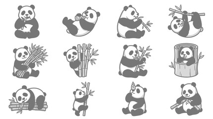 Obraz premium Corporate Collection of Minimalist Gray Panda Icons with Bamboo for Branding Presentations and Educational Materials