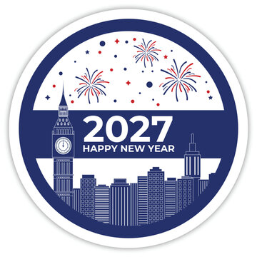 London Skyline Big Ben Circle Badge 2027 Happy New Year Vector Illustration