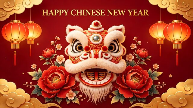 Happy Chinese New Year Lion Dance Mask Peony Clouds Background